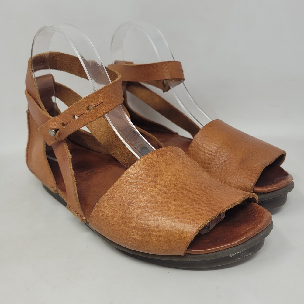 Trippen Sandals EU38 US7 Brown Leather Ankle Strap Peep Toe Flat Comfort Shoes